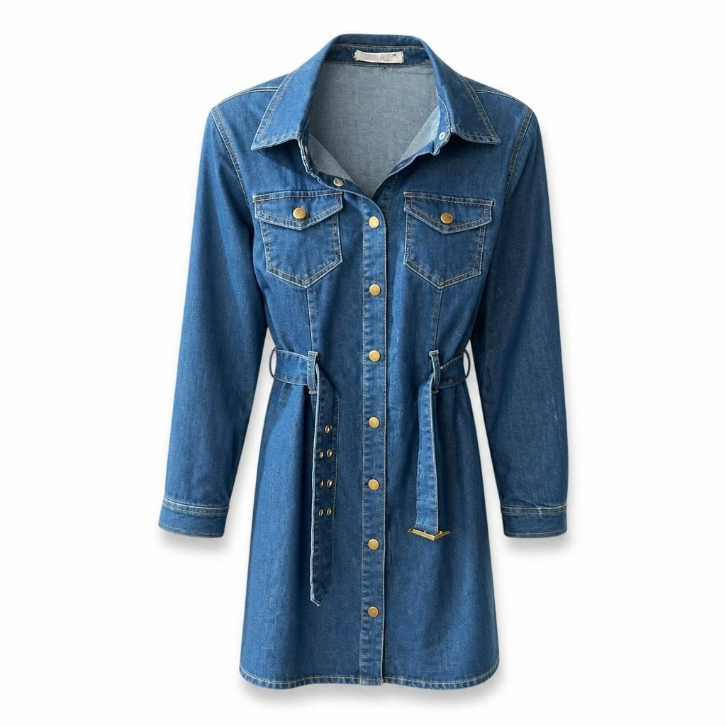 Denim Button-down Belted Shirt Dress Gold Snaps - pre-loved at Why Go Less, Lebanon
