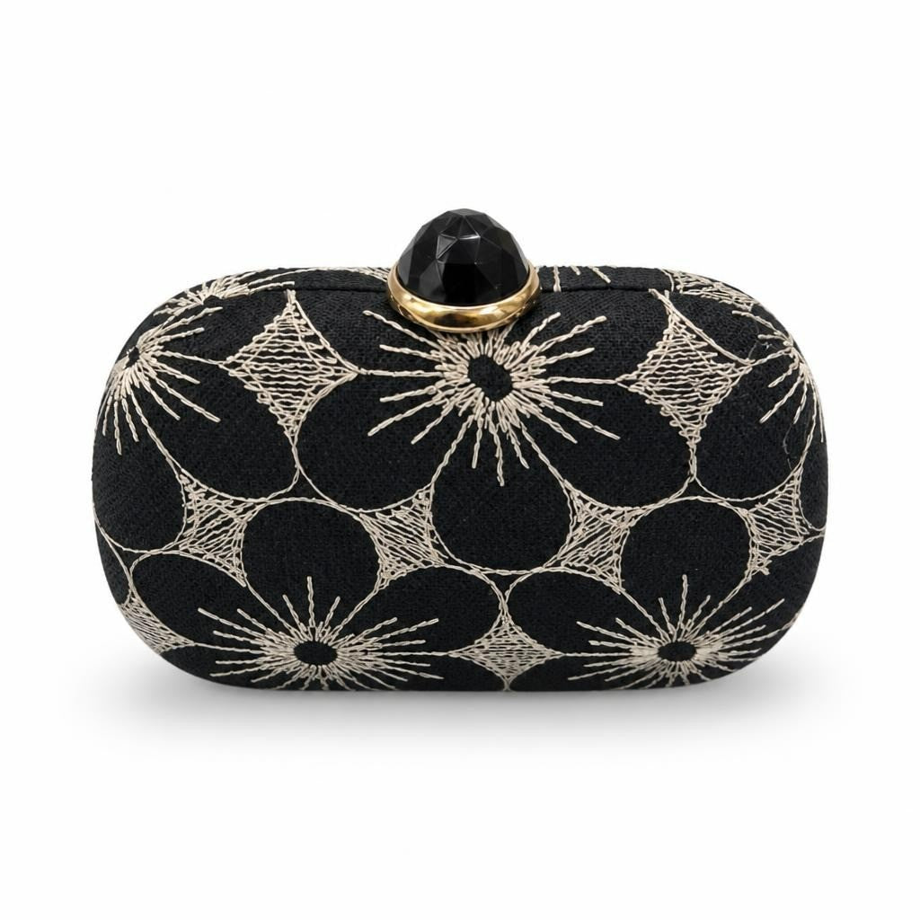 Black Floral Embroidered Minaudiere Gold Stone - pre-loved at Why Go Less, Lebanon