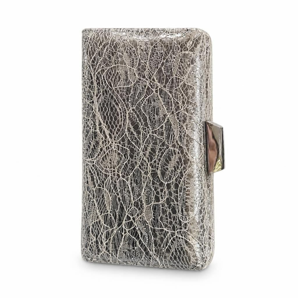 Grey Gold Lace Hard Clutch with Clasp - pre-loved at Why Go Less, Lebanon