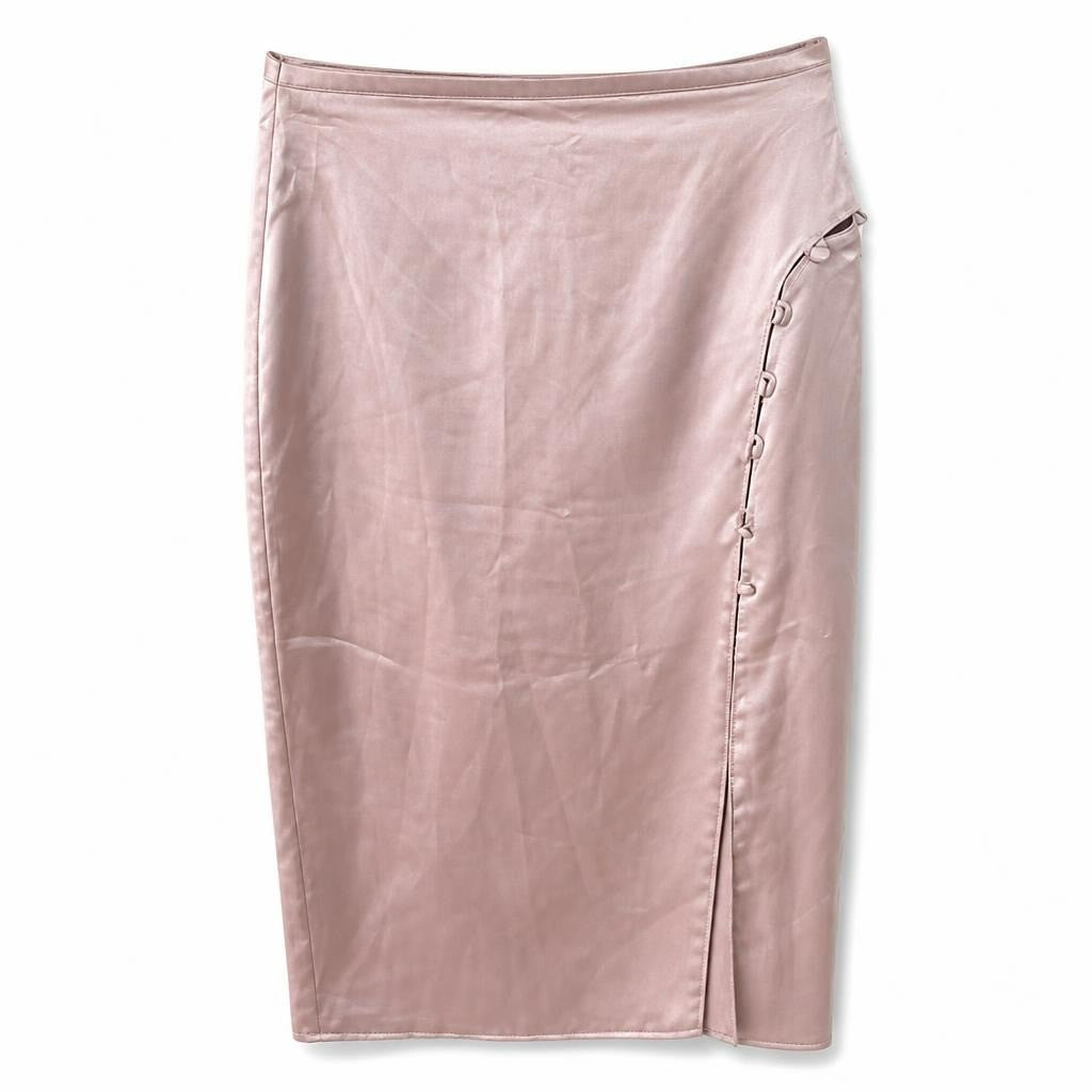 Satin Wrap Midi Skirt Dusty Pink Button Detail - pre-loved at Why Go Less, Lebanon