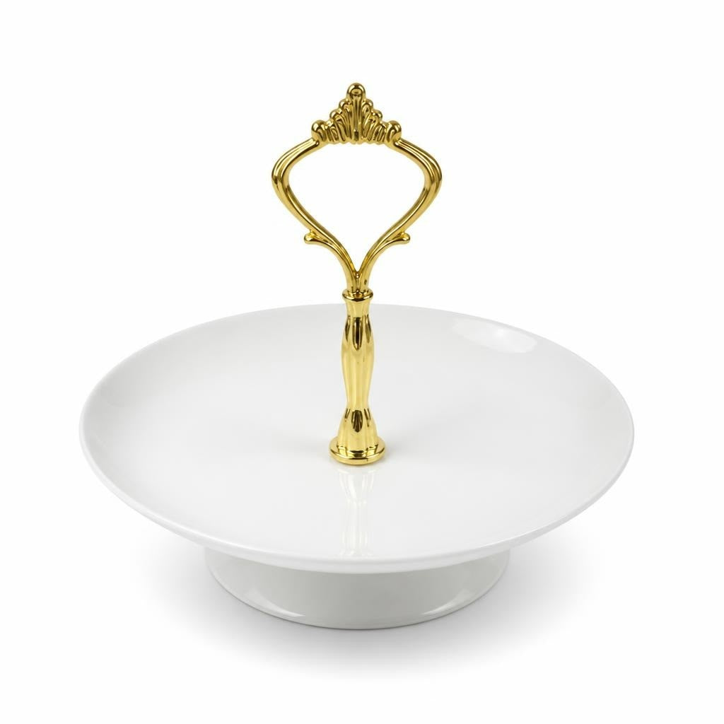 Single-tier White Ceramic Cake Stand Gold Handle - pre-loved at Why Go Less, Lebanon