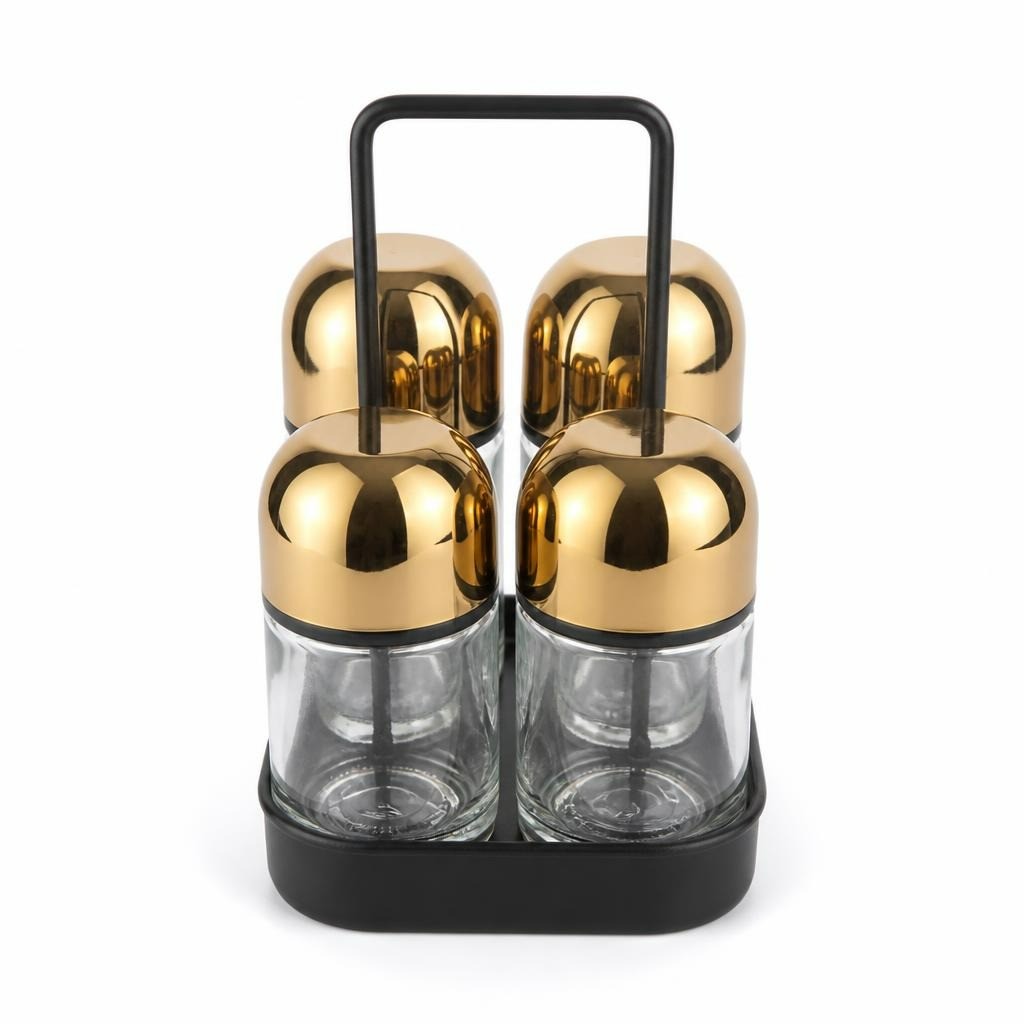 4-bottle Spice Jar Set Gold Caps Black Rack - pre-loved at Why Go Less, Lebanon