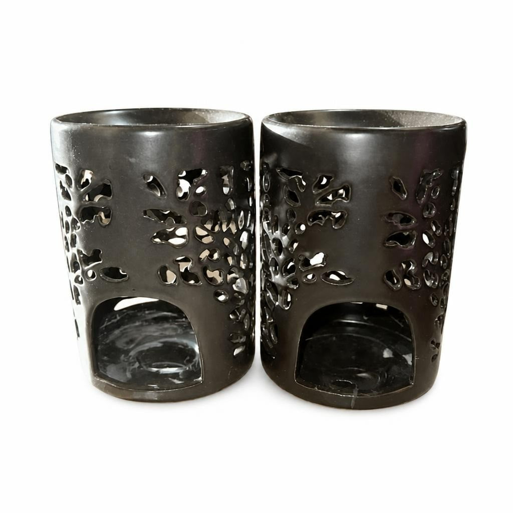 Pair Dark Ceramic Floral Cutout Oil Burners - pre-loved at Why Go Less, Lebanon