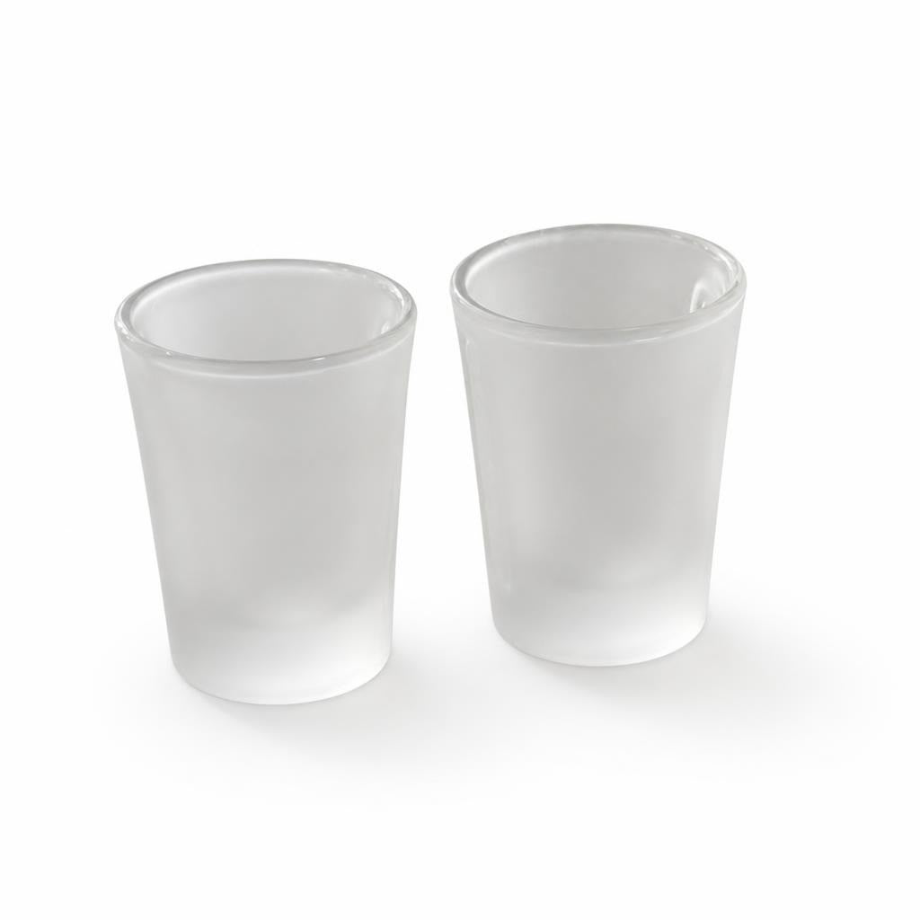 Pair Frosted Glass Shot Glasses with Measurements - pre-loved at Why Go Less, Lebanon