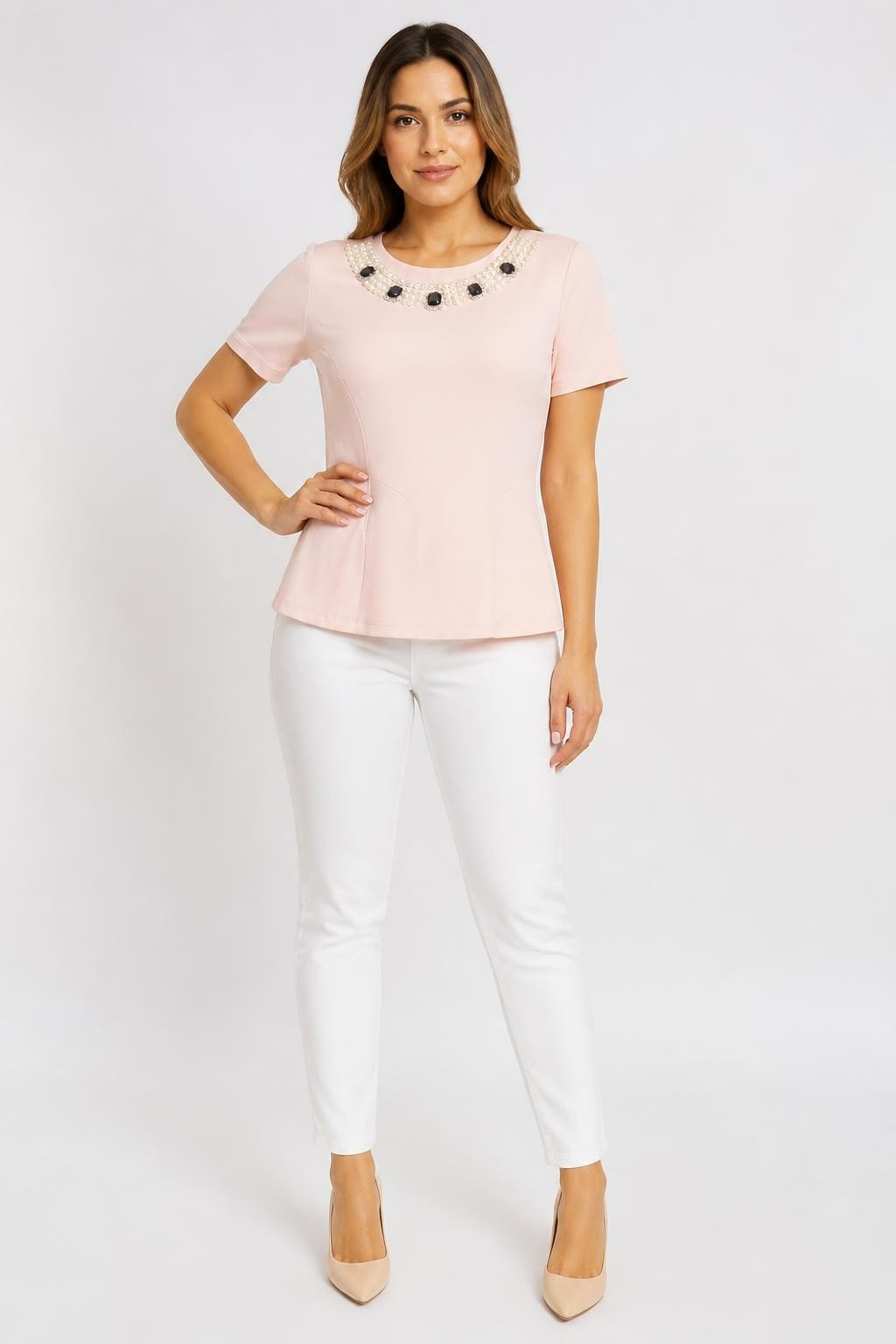 Pink Top Pearl Gem Embellished Neckline - pre-loved at Why Go Less, Lebanon