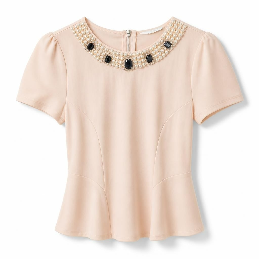 Pink Top Pearl Gem Embellished Neckline - pre-loved at Why Go Less, Lebanon