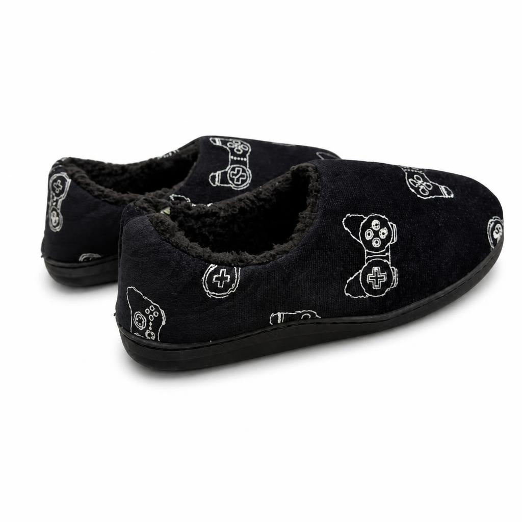 Black Gaming Controller Print Cozy Slippers - pre-loved at Why Go Less, Lebanon