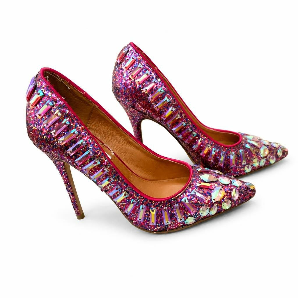 Pink Glitter Crystal Embellished Stiletto Heels - pre-loved at Why Go Less, Lebanon