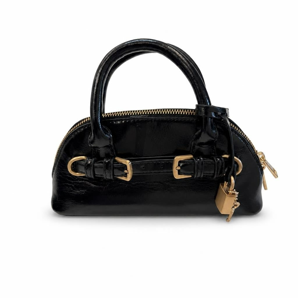 Black Patent Mini Bowler Bag Gold Hardware Lock - pre-loved at Why Go Less, Lebanon