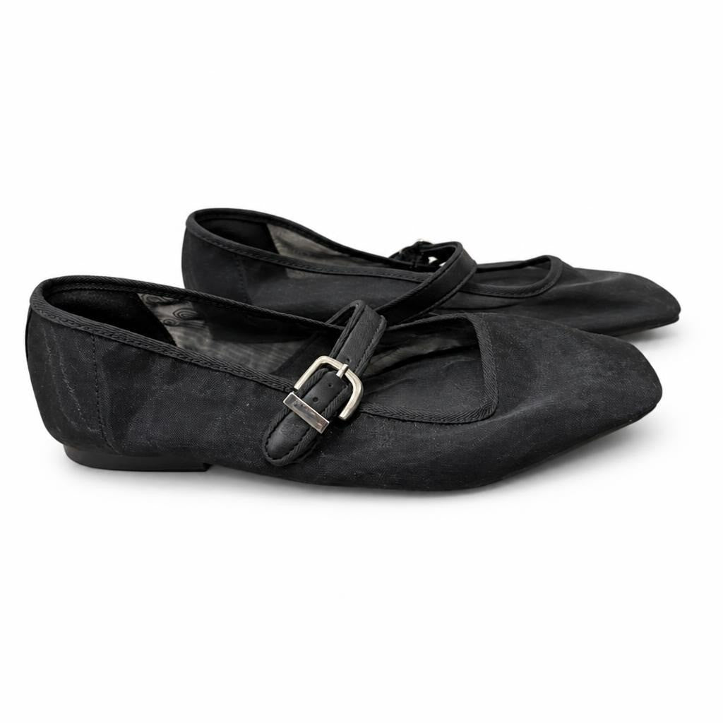 Black Mesh Mary Jane Ballet Flats Buckle Strap - pre-loved at Why Go Less, Lebanon