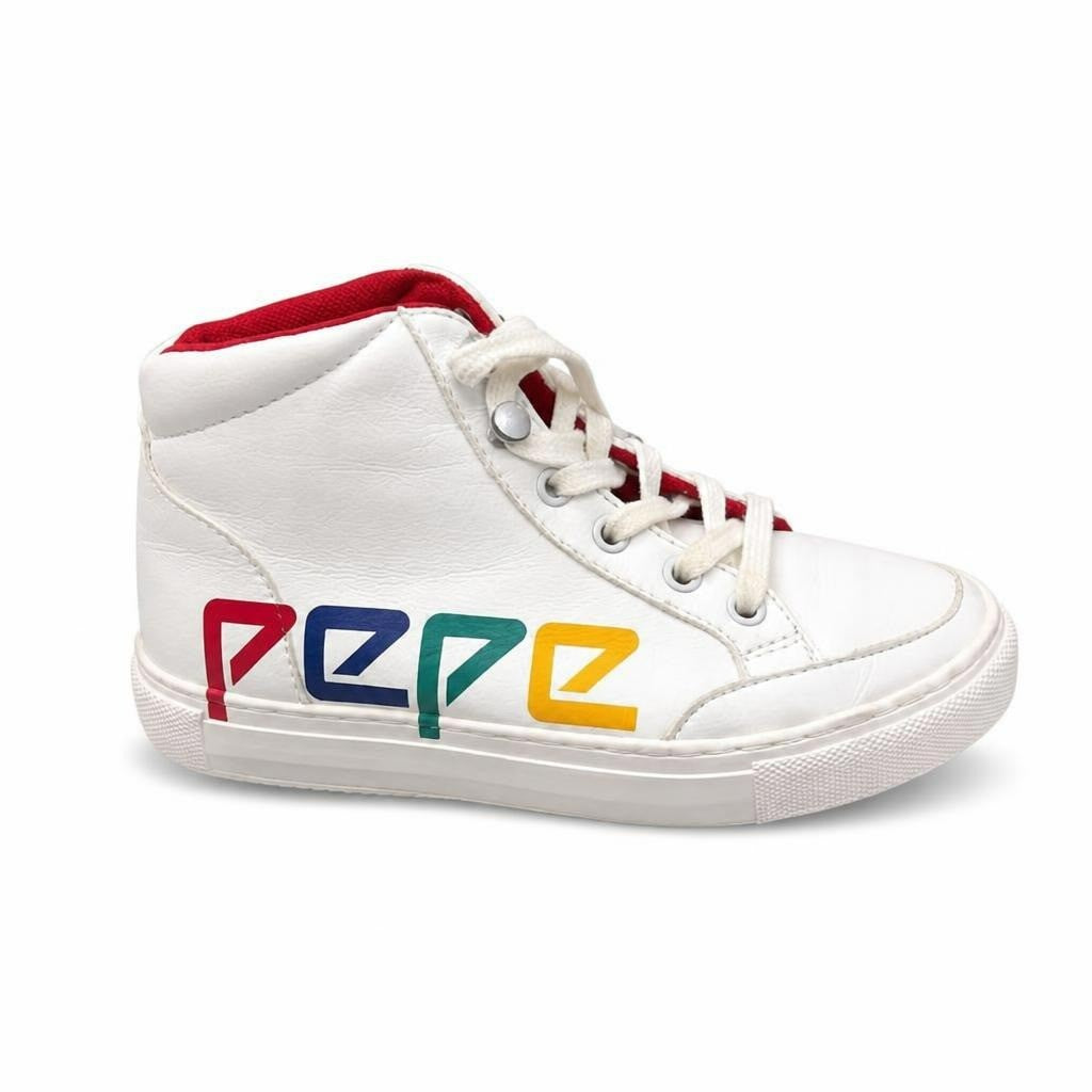 Pepe Jeans White Hi-top Sneakers Multicolor Logo Sz 35 - pre-loved at Why Go Less, Lebanon