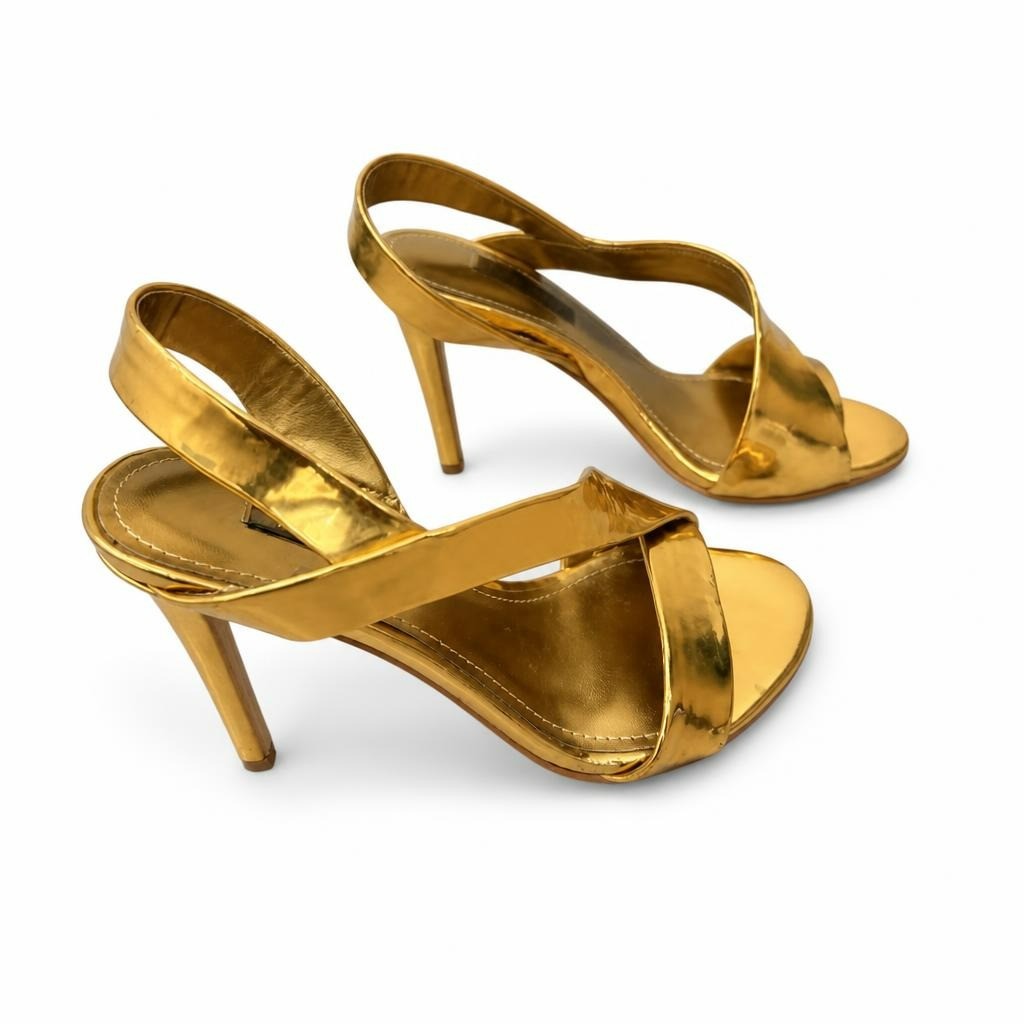 Nine West Gold Metallic Strappy Stiletto Sandals - pre-loved at Why Go Less, Lebanon