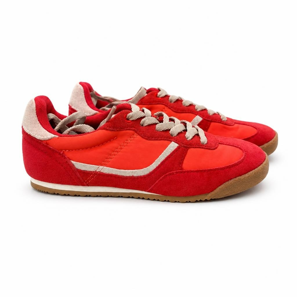 Red Retro Lace-up Sneakers Suede Trim - pre-loved at Why Go Less, Lebanon