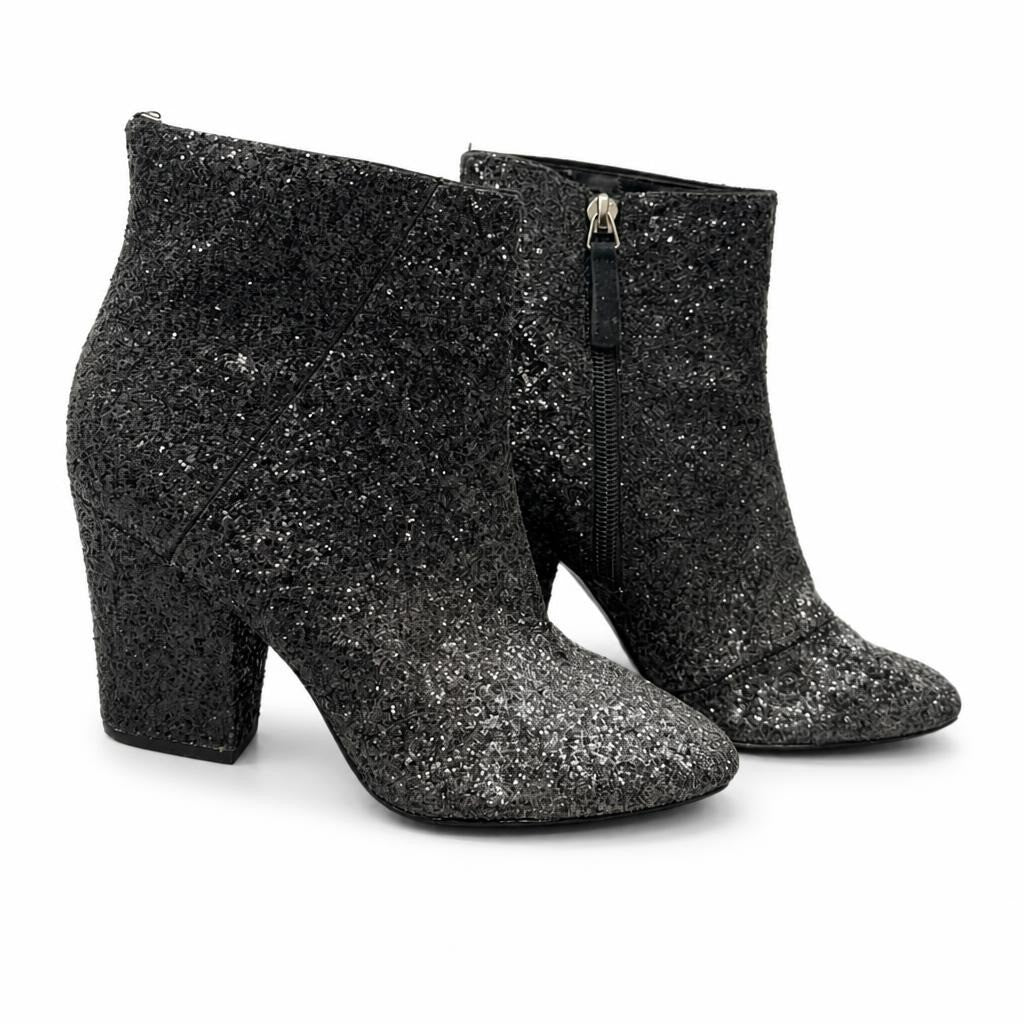 Black Glitter Block Heel Ankle Boots - pre-loved at Why Go Less, Lebanon
