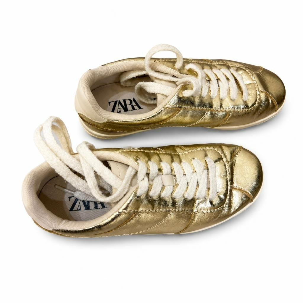 Zara Gold Metallic Sneakers, White Laces - pre-loved at Why Go Less, Lebanon