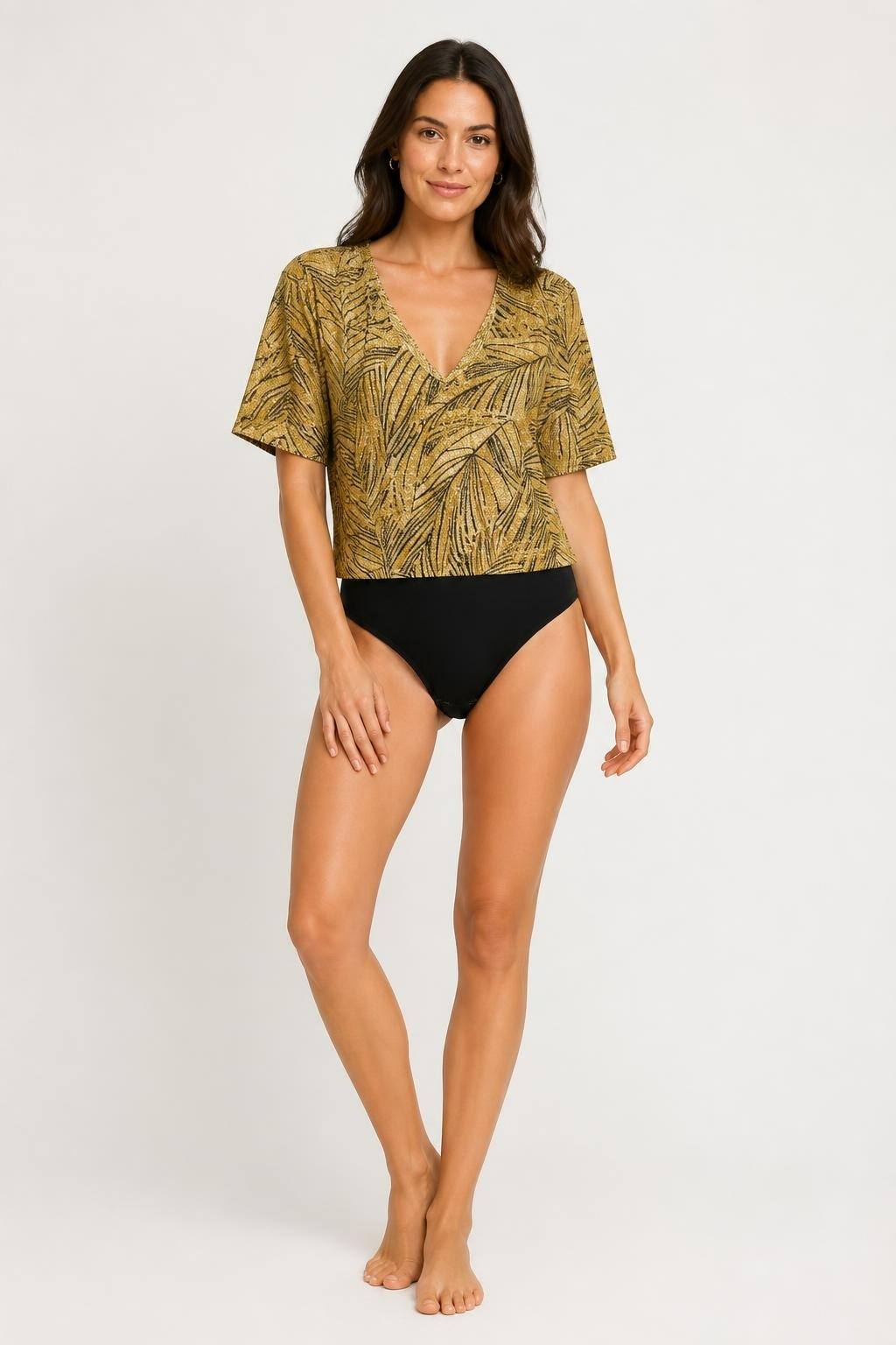 Gold Leaf Print Bodysuit Top, V-neck - pre-loved at Why Go Less, Lebanon