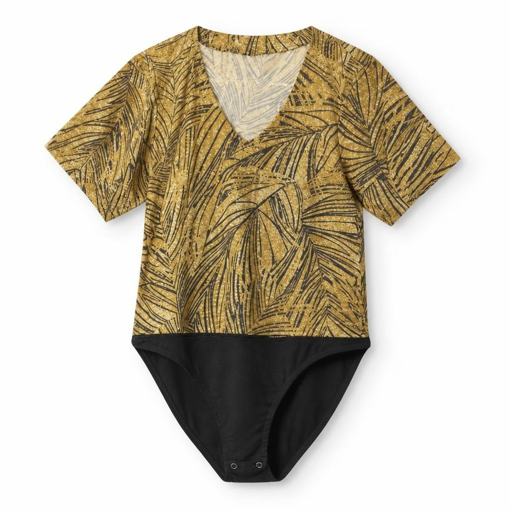 Gold Leaf Print Bodysuit Top, V-neck - pre-loved at Why Go Less, Lebanon