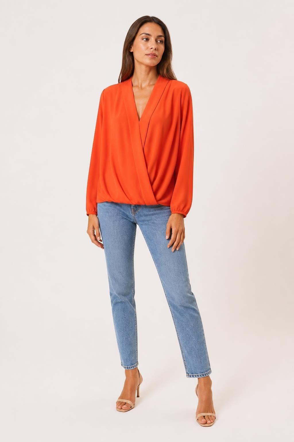 Orange Wrap-style Long-sleeve Blouse - pre-loved at Why Go Less, Lebanon