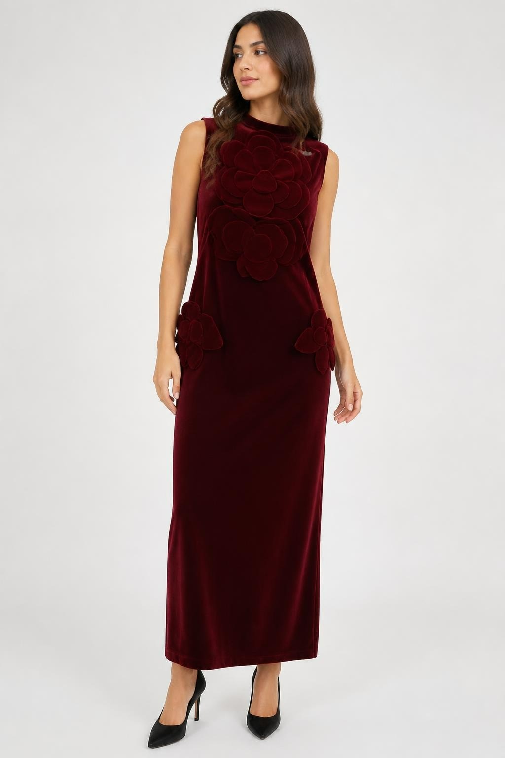 Burgundy Velvet Floral Appliqué Maxi Dress - pre-loved at Why Go Less, Lebanon