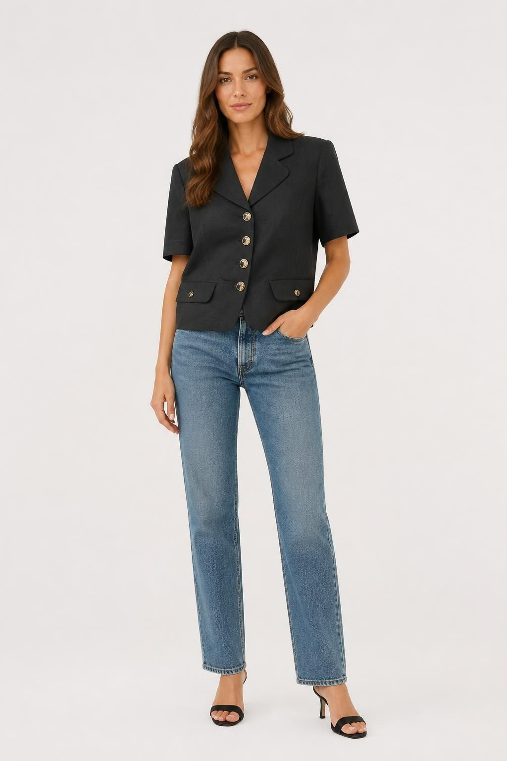 Black Blazer Gold Buttons Short Sleeves - pre-loved at Why Go Less, Lebanon