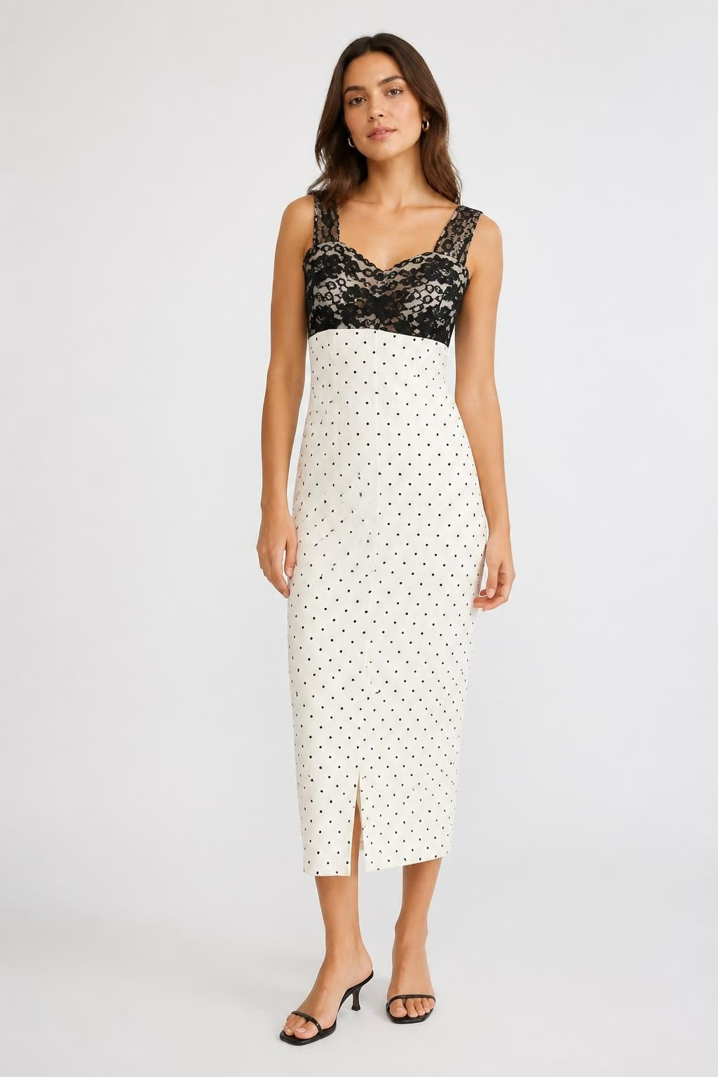 Black Lace Top Polka Dot Midi Dress - pre-loved at Why Go Less, Lebanon