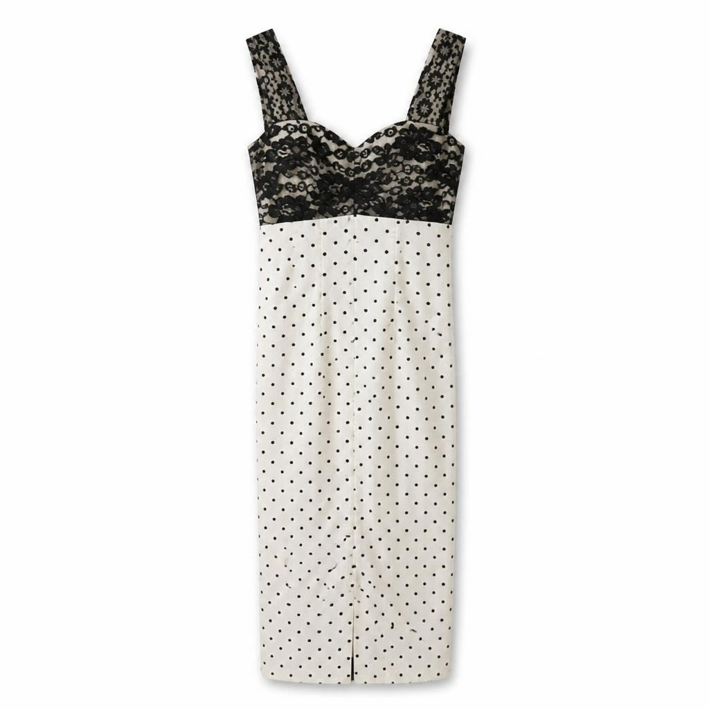Black Lace Top Polka Dot Midi Dress - pre-loved at Why Go Less, Lebanon