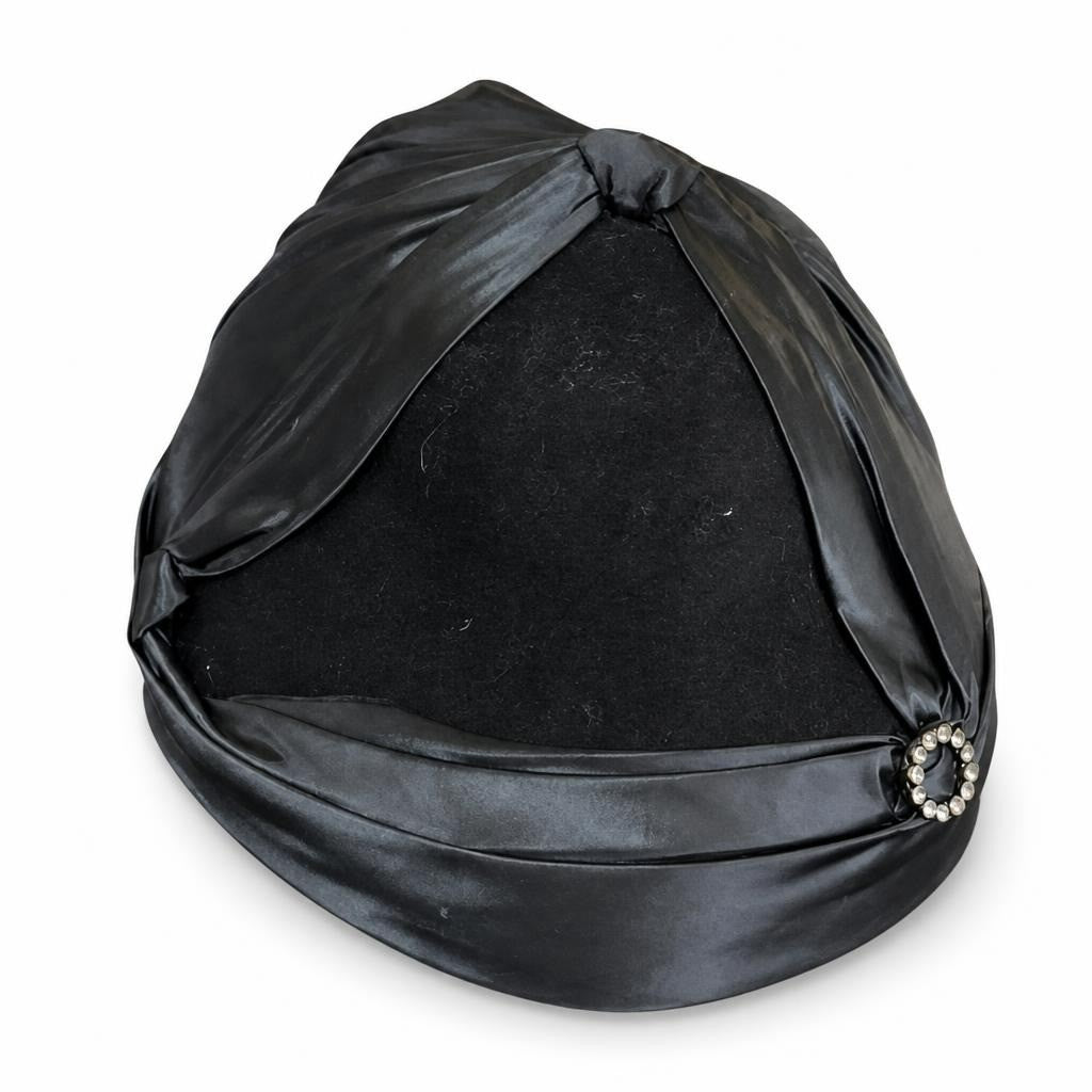 Black Reel Vintage Satin Turban Hat with Rhinestone Brooch - pre-loved at Why Go Less, Lebanon