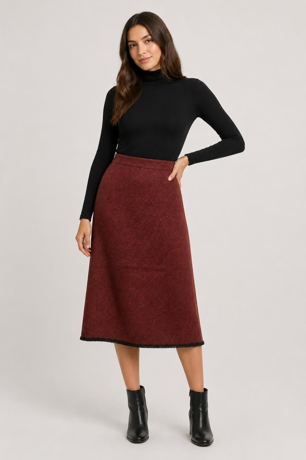 Burgundy Wool Mini Skirt with Fringed Hem - pre-loved at Why Go Less, Lebanon