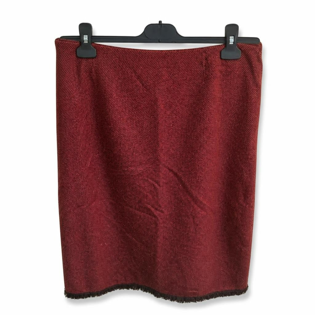 Burgundy Wool Mini Skirt with Fringed Hem - pre-loved at Why Go Less, Lebanon