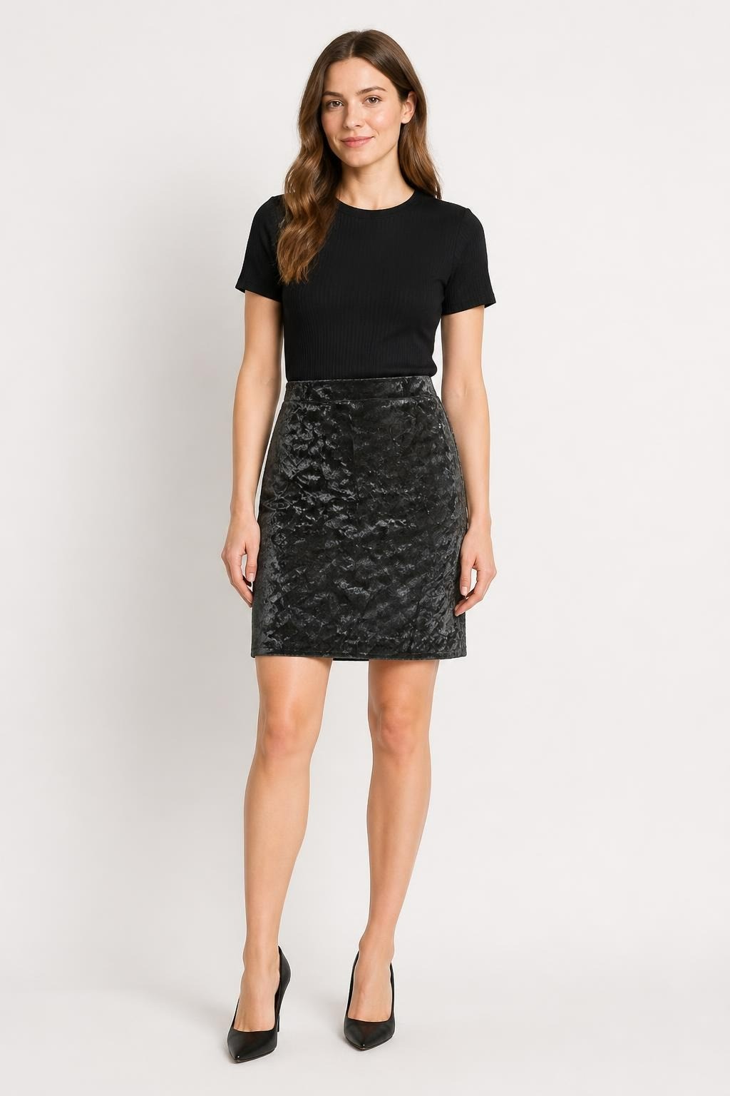 Black Crushed Velvet Pencil Skirt, Midi - pre-loved at Why Go Less, Lebanon