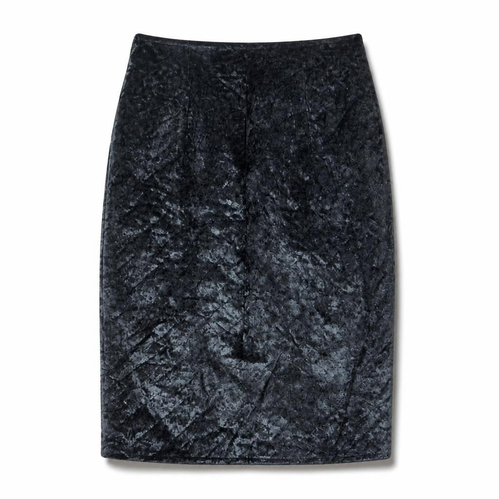 Black Crushed Velvet Pencil Skirt, Midi - pre-loved at Why Go Less, Lebanon