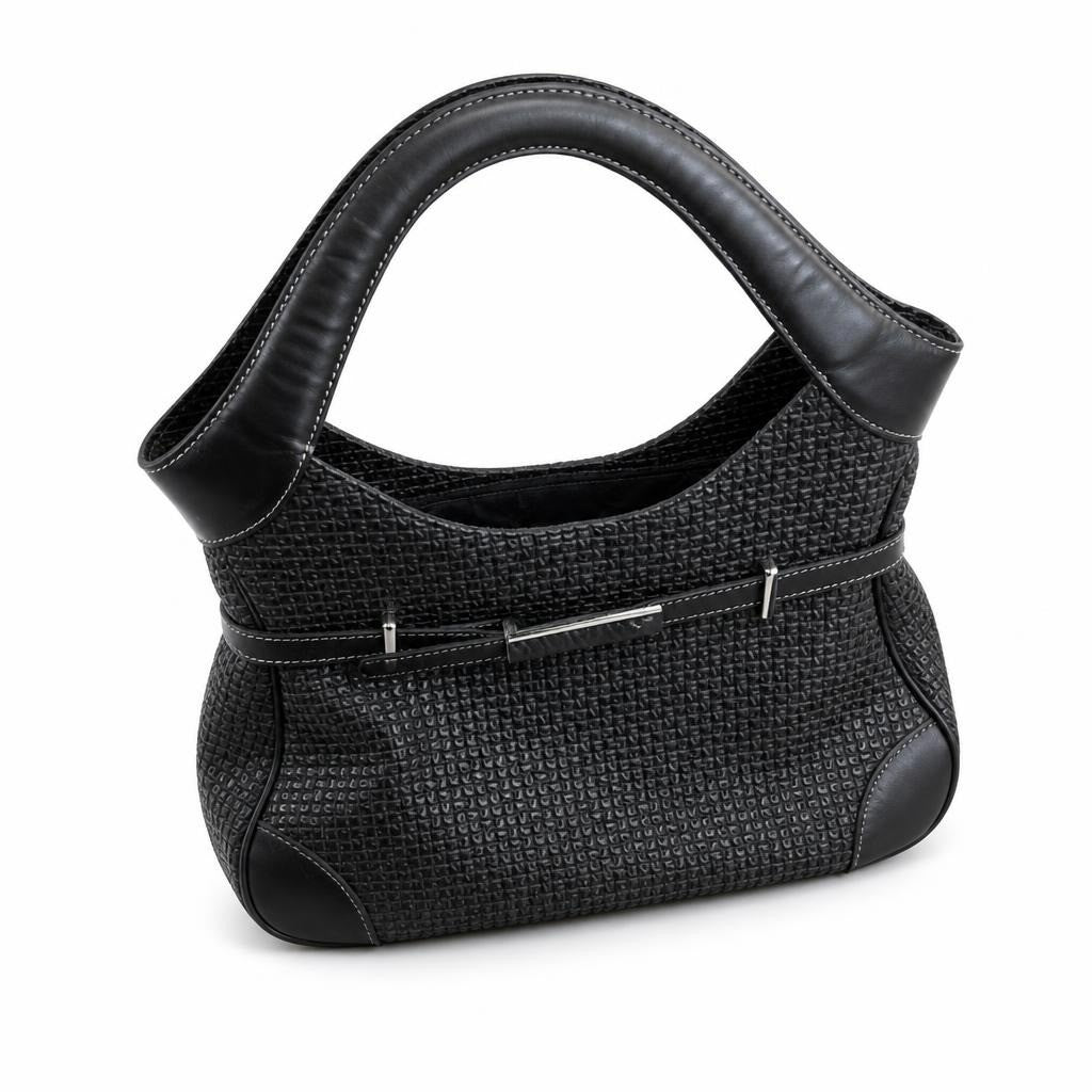 Ted Lapidus Black Textured Structured Handbag, Silver Hardware - pre-loved at Why Go Less, Lebanon