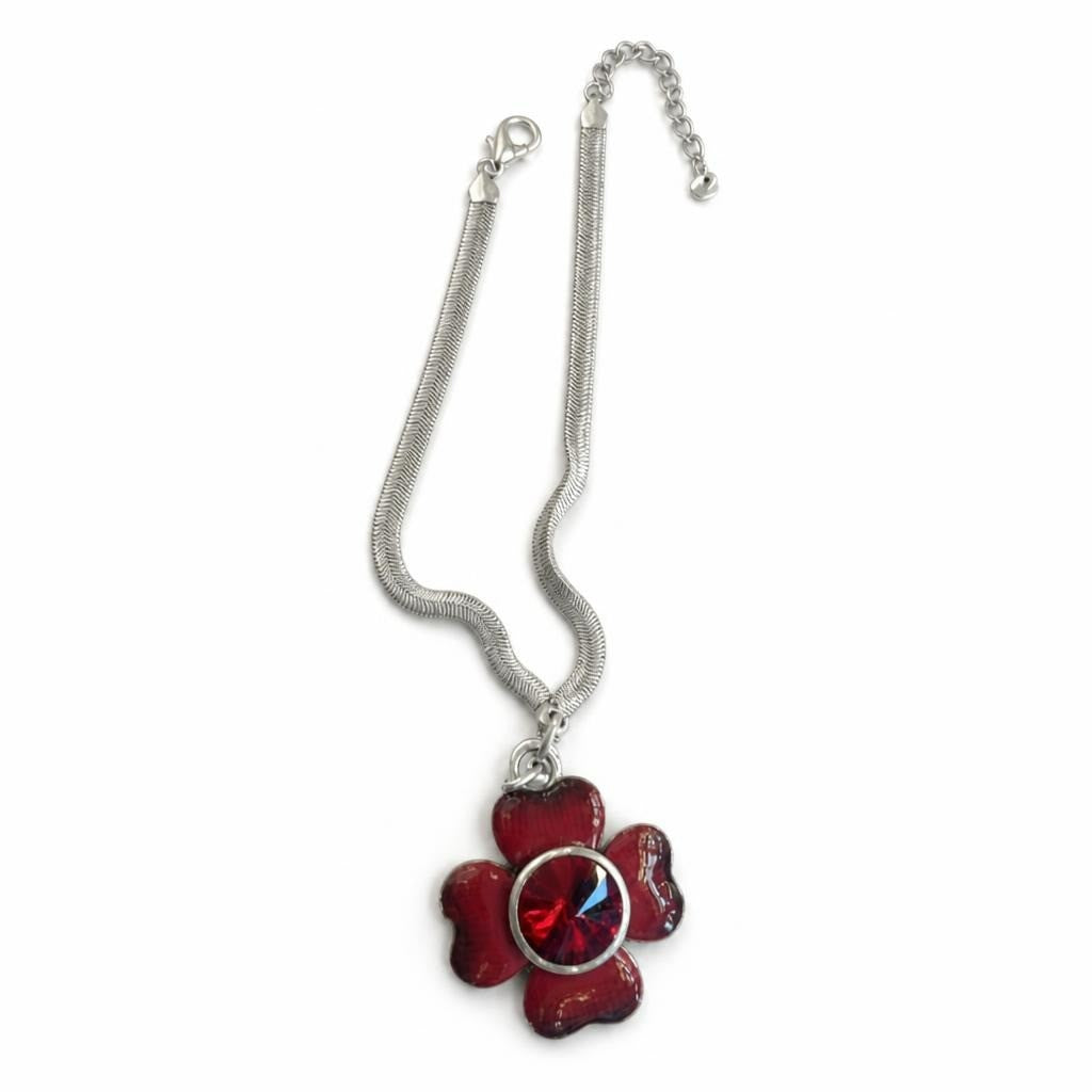 Red Enamel Flower Pendant Snake Chain Necklace - pre-loved at Why Go Less, Lebanon