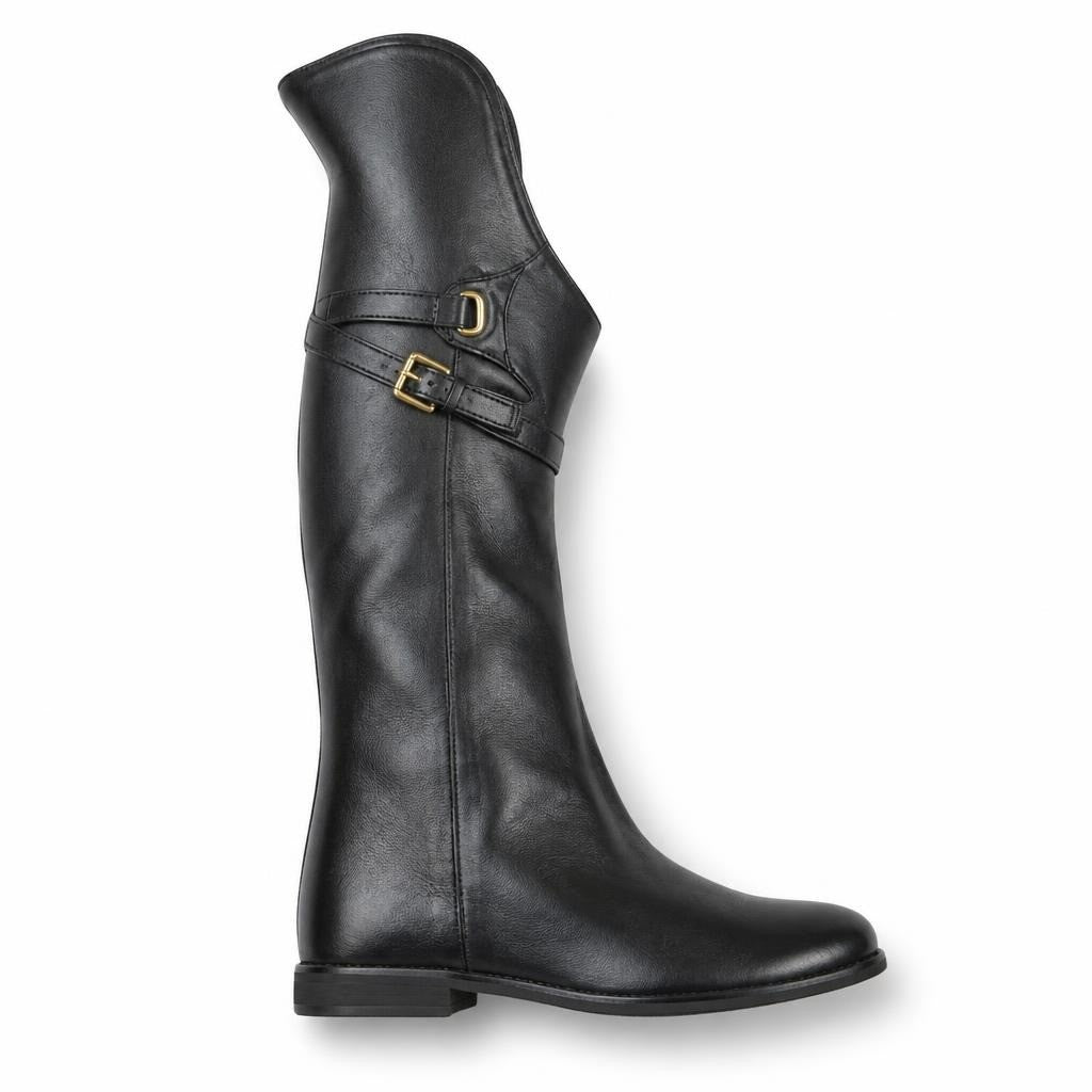 Black Leather Knee-high Boots with Buckles - pre-loved at Why Go Less, Lebanon