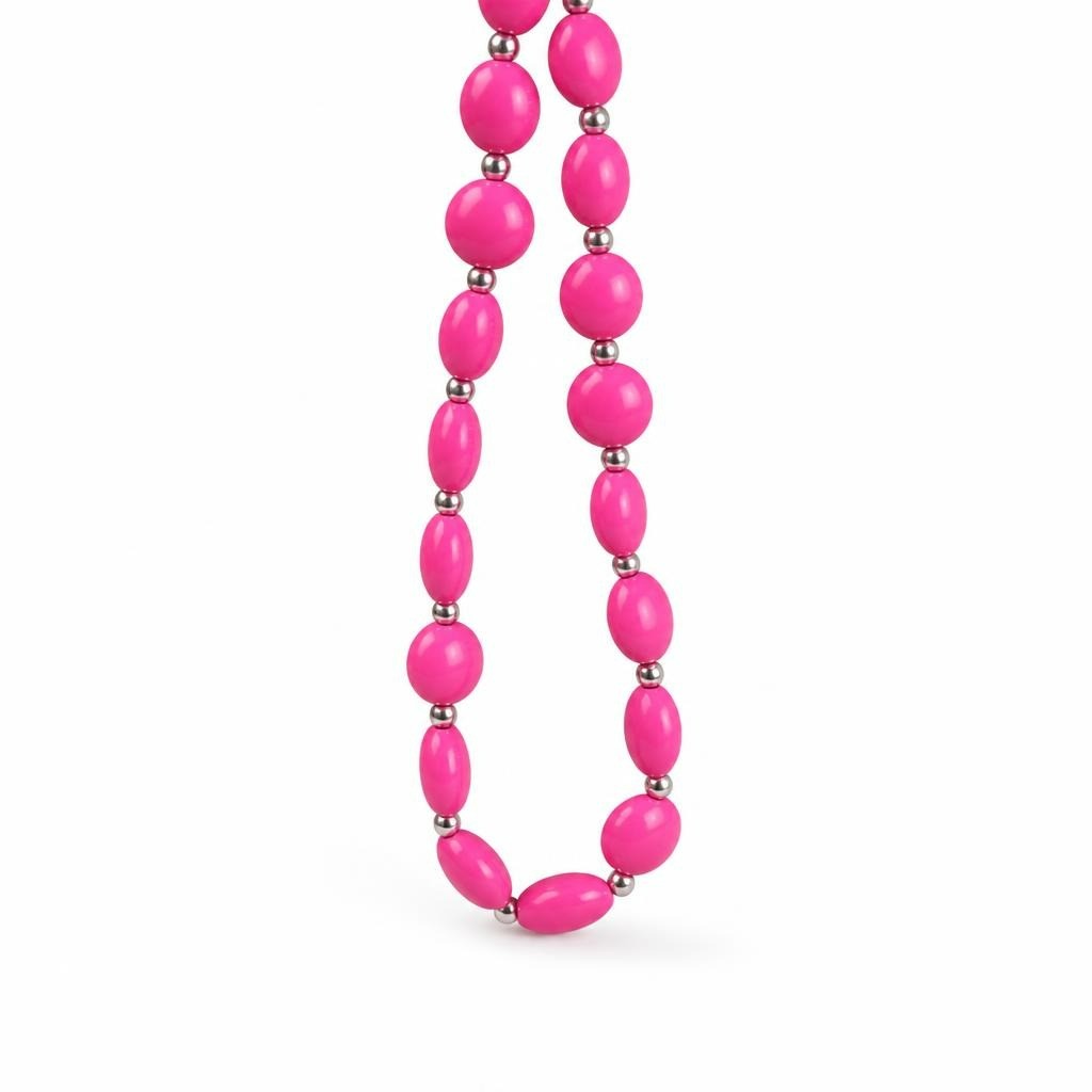 Hot Pink Chunky Bead Necklace with Silver Spacers - pre-loved at Why Go Less, Lebanon