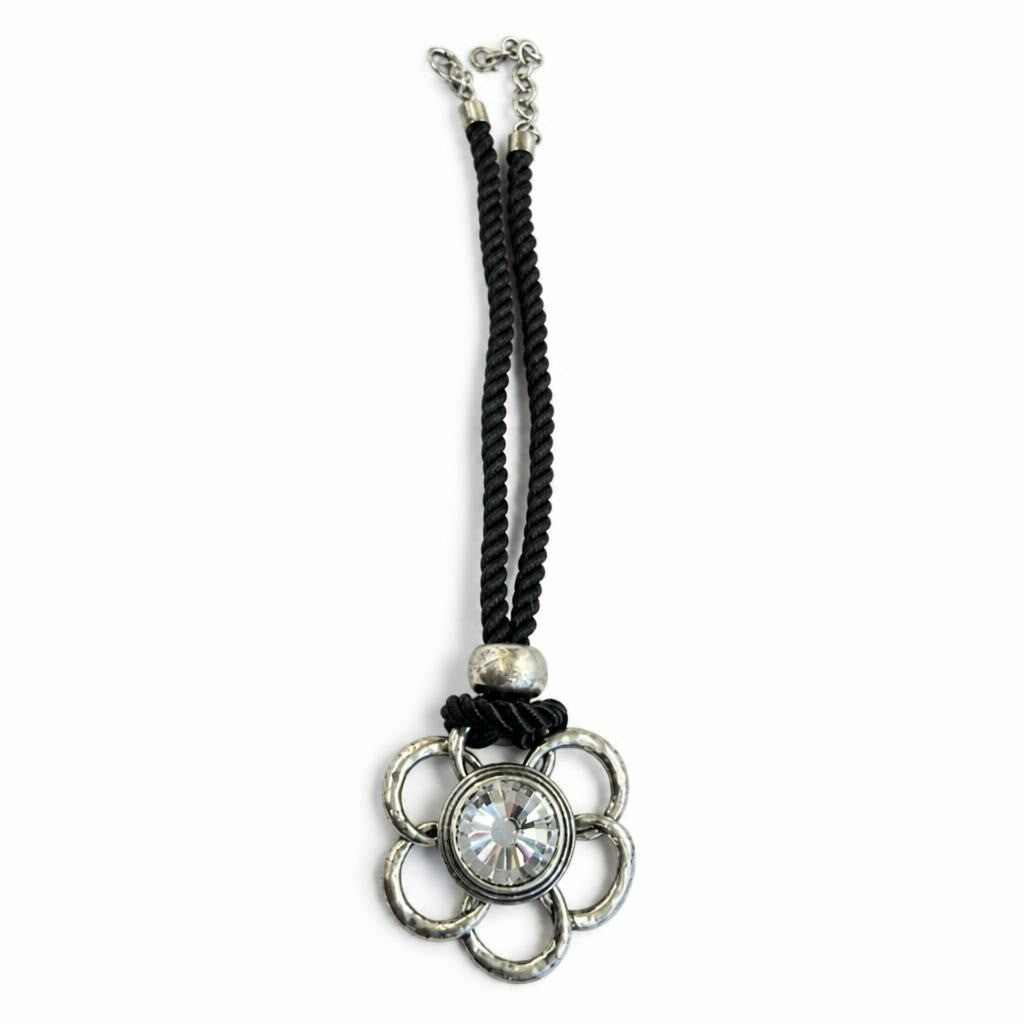 Black Cord Flower Pendant Necklace Clear Crystal - pre-loved at Why Go Less, Lebanon