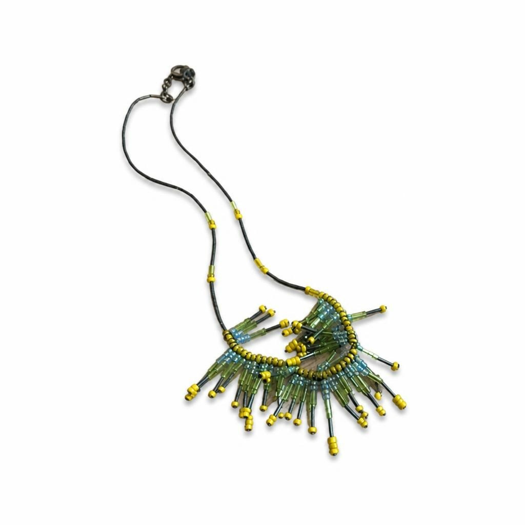 Green Yellow Seed Bead Fringe Statement Necklace - pre-loved at Why Go Less, Lebanon