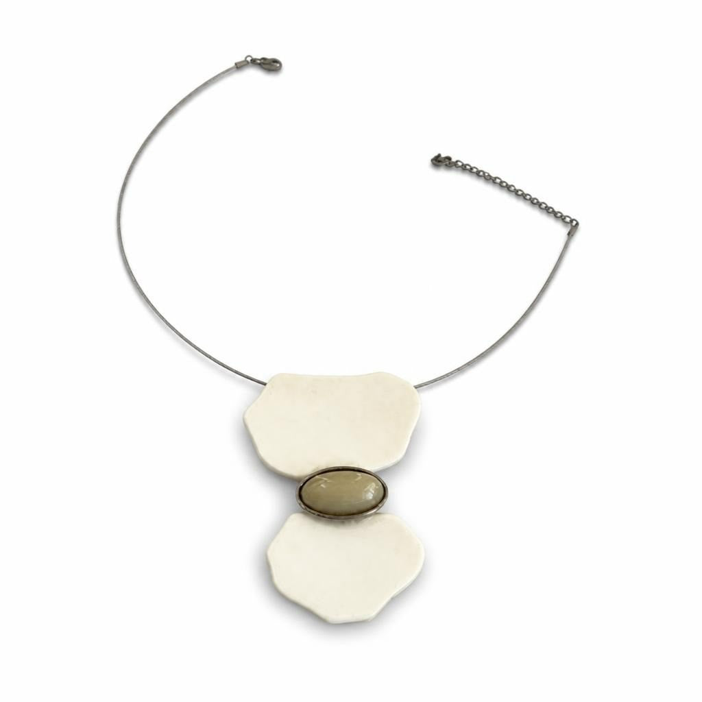 Minimalist Two-piece Ceramic Pendant Wire Necklace, Cream - pre-loved at Why Go Less, Lebanon