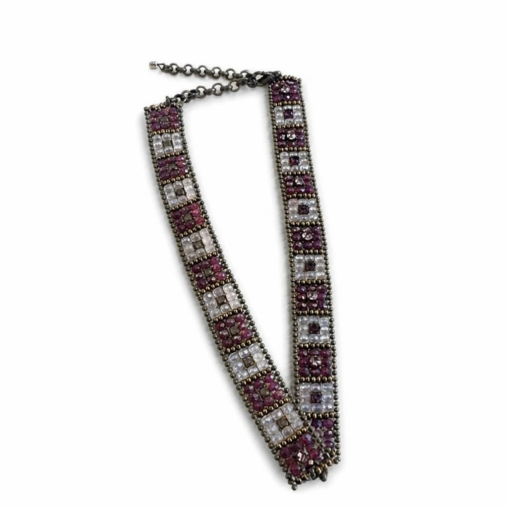Beaded Crystal Patterned Bracelet, Burgundy and Grey - pre-loved at Why Go Less, Lebanon