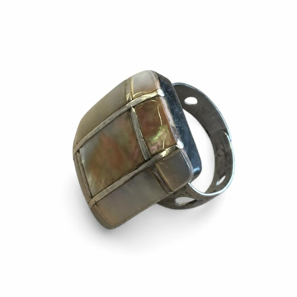 Chunky Silver-tone Ring with Cream Stone, Statement - pre-loved at Why Go Less, Lebanon