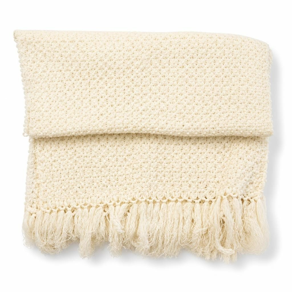 Hand Made Cream Hand-crocheted Throw Blanket with Fringe - pre-loved at Why Go Less, Lebanon