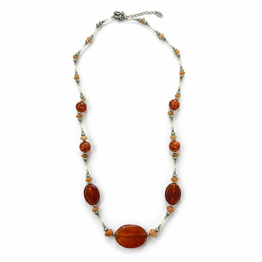 Amber Carnelian Bead Silver-tone Necklace - pre-loved at Why Go Less, Lebanon