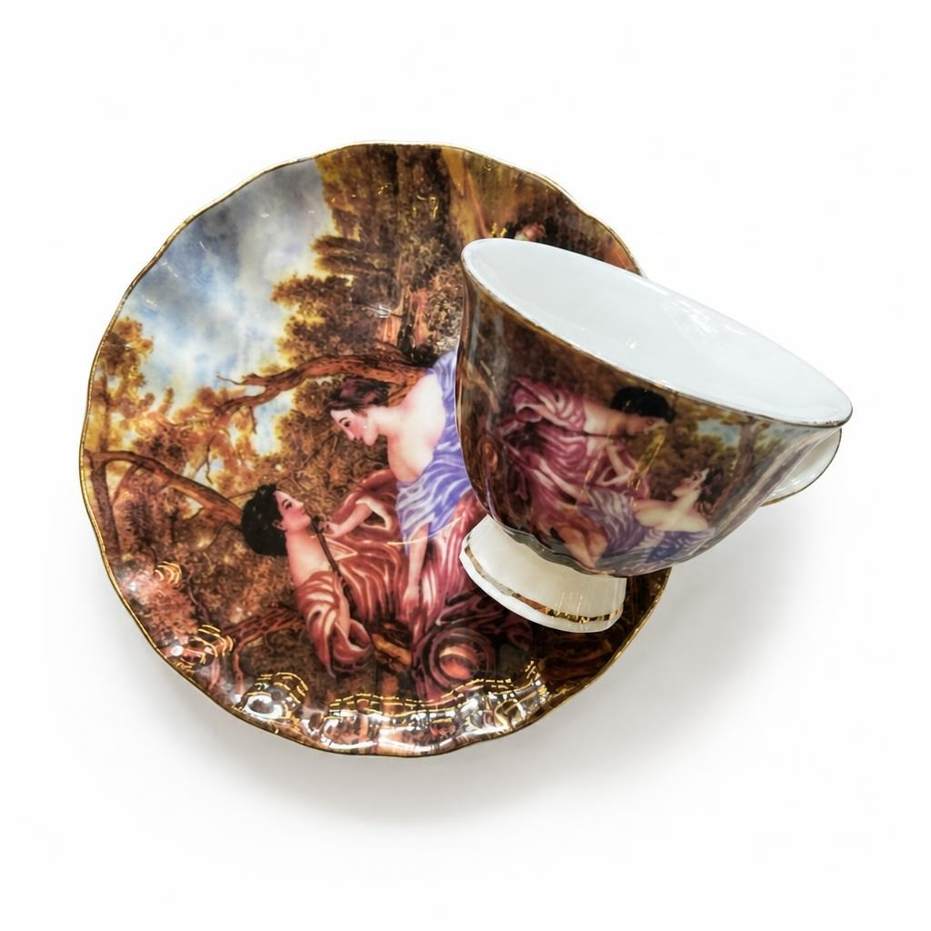 12 Classical Art Teacup and Saucer, Romantic Scene - pre-loved at Why Go Less, Lebanon