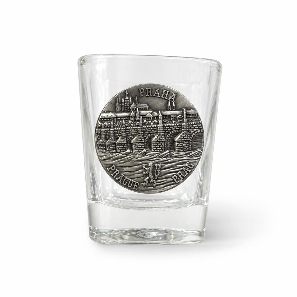 Prague Praha Souvenir Shot Glass, Metal Medallion - pre-loved at Why Go Less, Lebanon