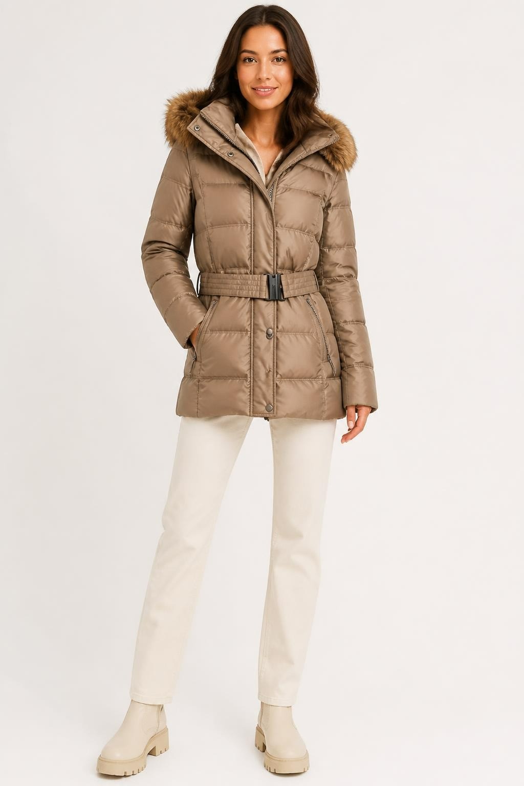 Esprit Puffer Jacket, Fur Hood, Belted, Tan/beige - pre-loved at Why Go Less, Lebanon
