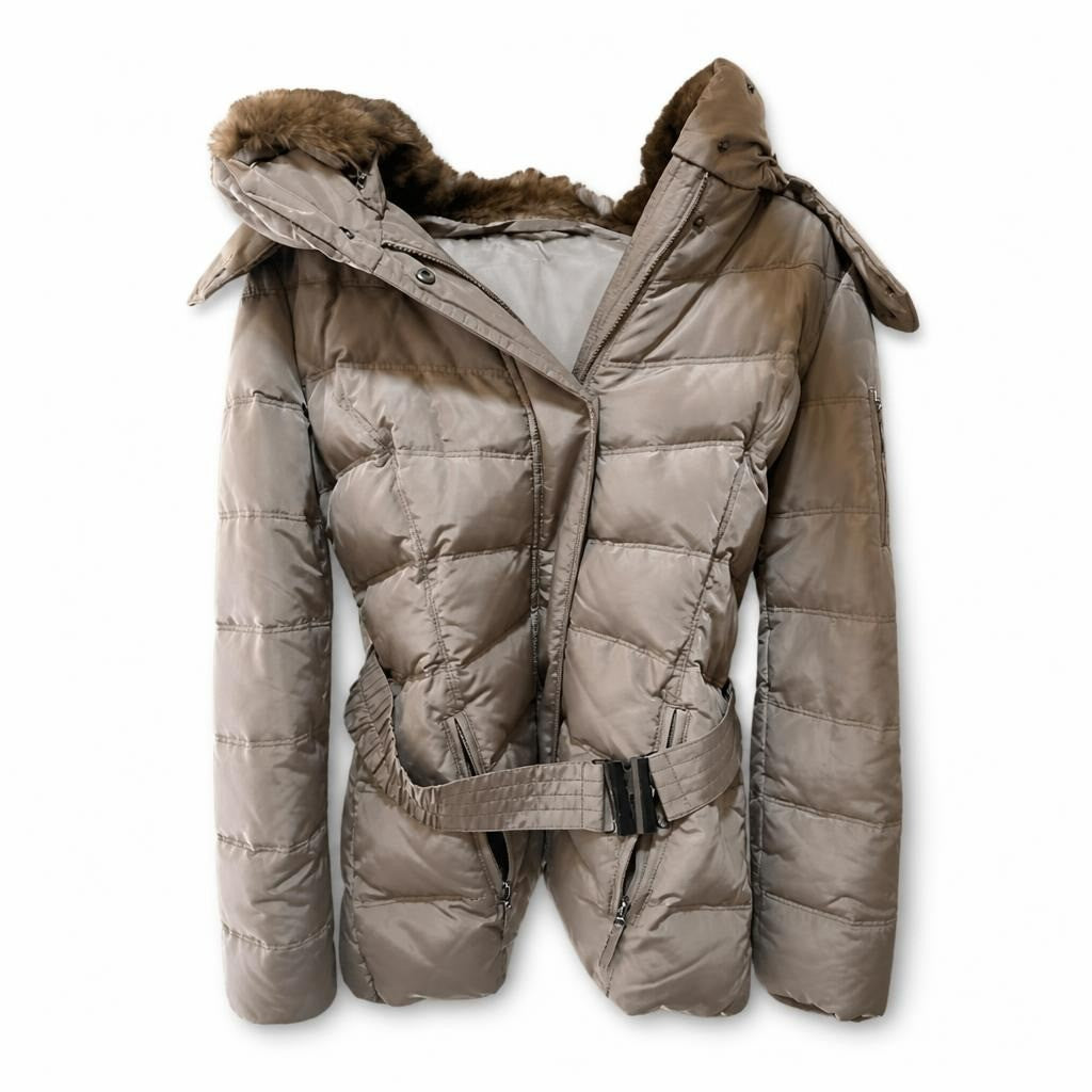 Esprit Puffer Jacket, Fur Hood, Belted, Tan/beige - pre-loved at Why Go Less, Lebanon