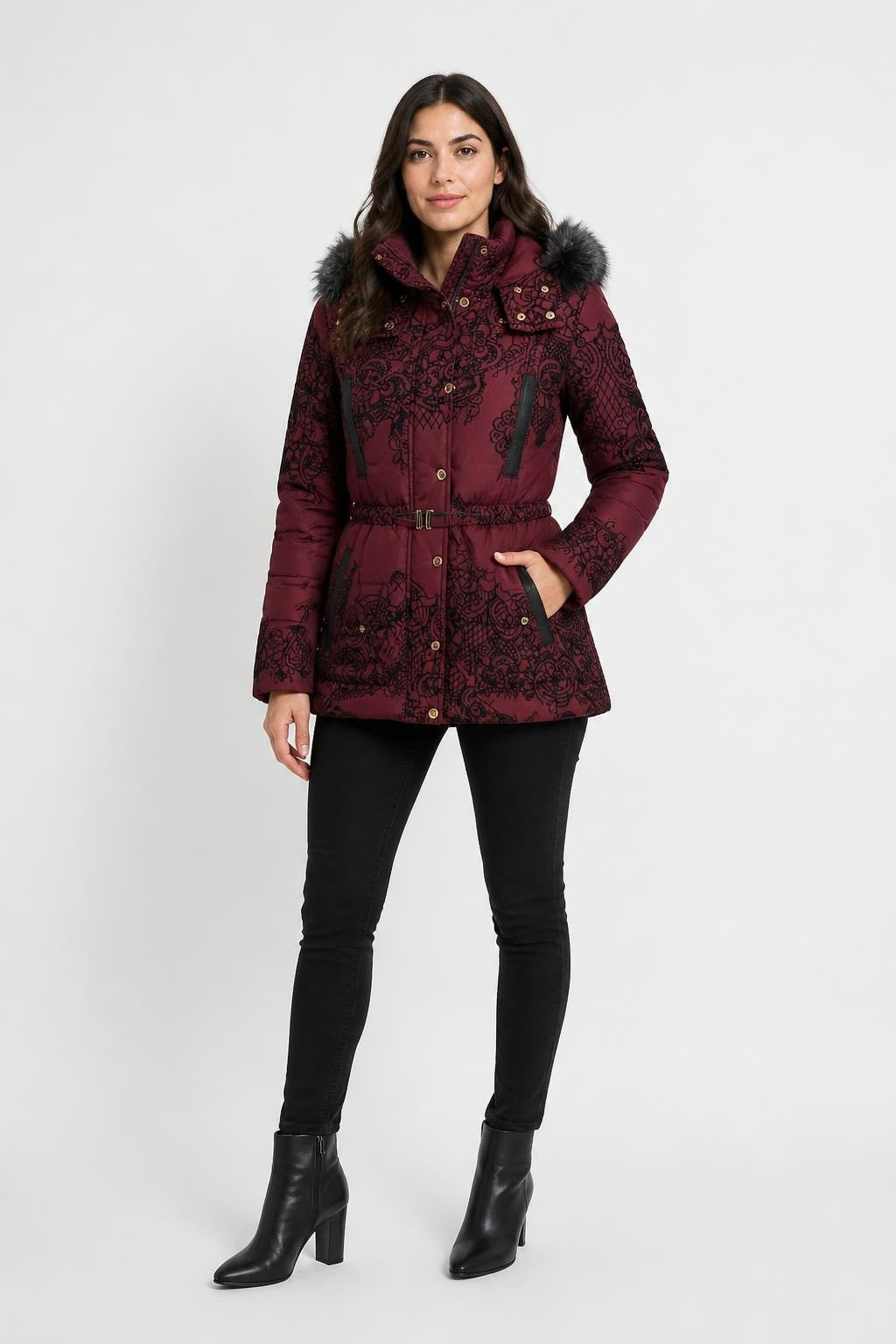 Desigual Burgundy Lace-print Puffer Jacket, Fur Hood - pre-loved at Why Go Less, Lebanon