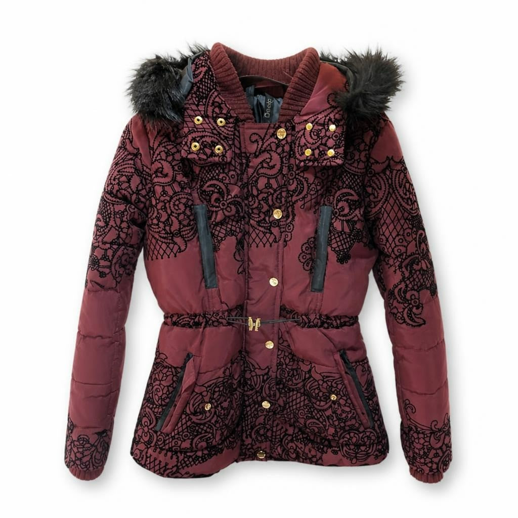 Desigual Burgundy Lace-print Puffer Jacket, Fur Hood - pre-loved at Why Go Less, Lebanon