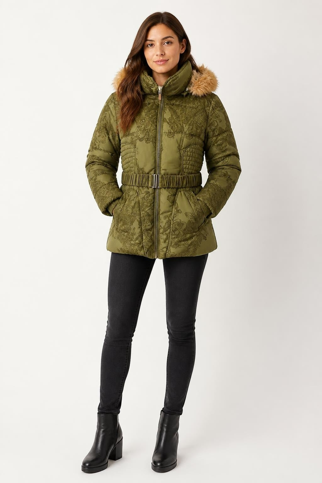 Desigual Green Puffer Jacket Fur-trim Hood - pre-loved at Why Go Less, Lebanon