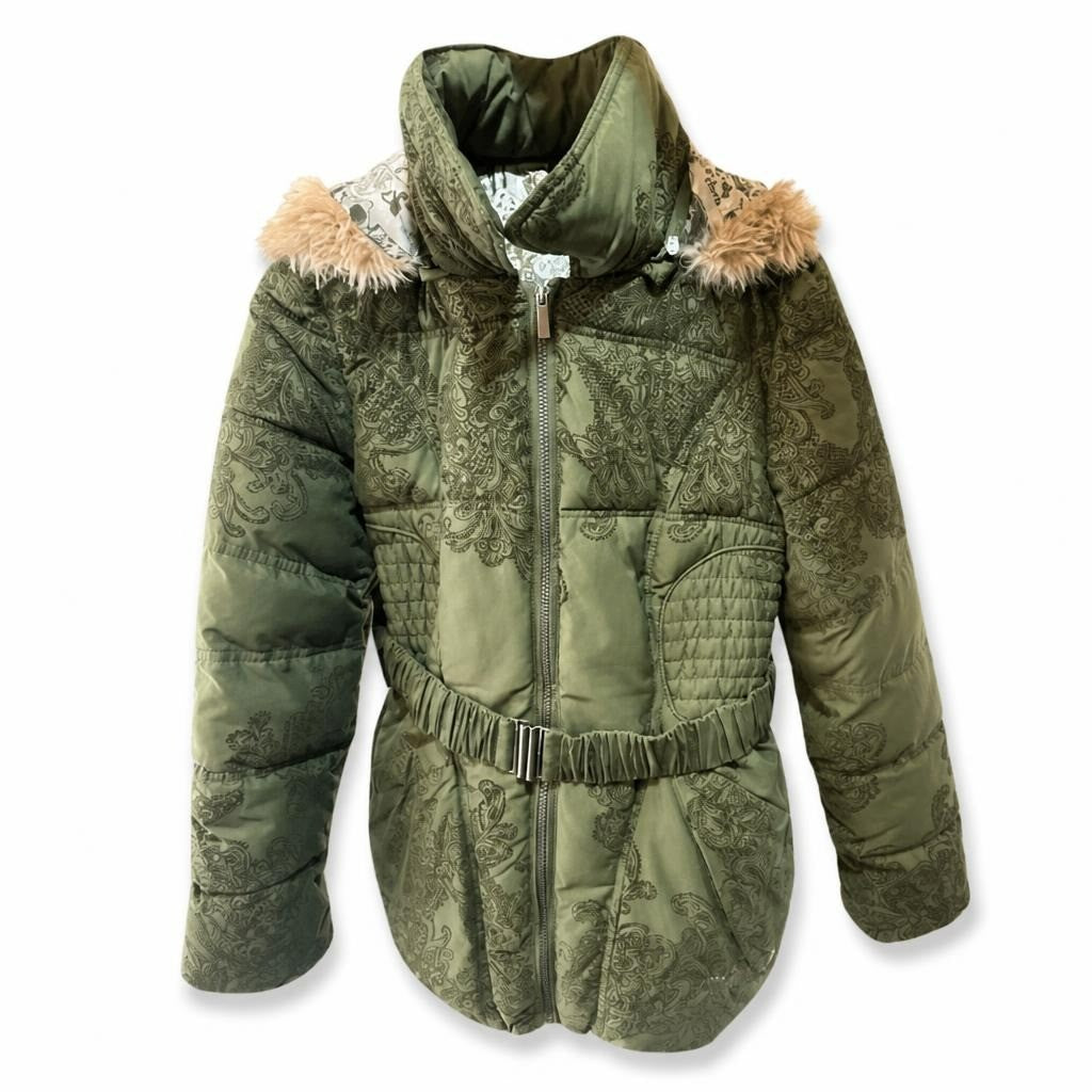 Desigual Green Puffer Jacket Fur-trim Hood - pre-loved at Why Go Less, Lebanon